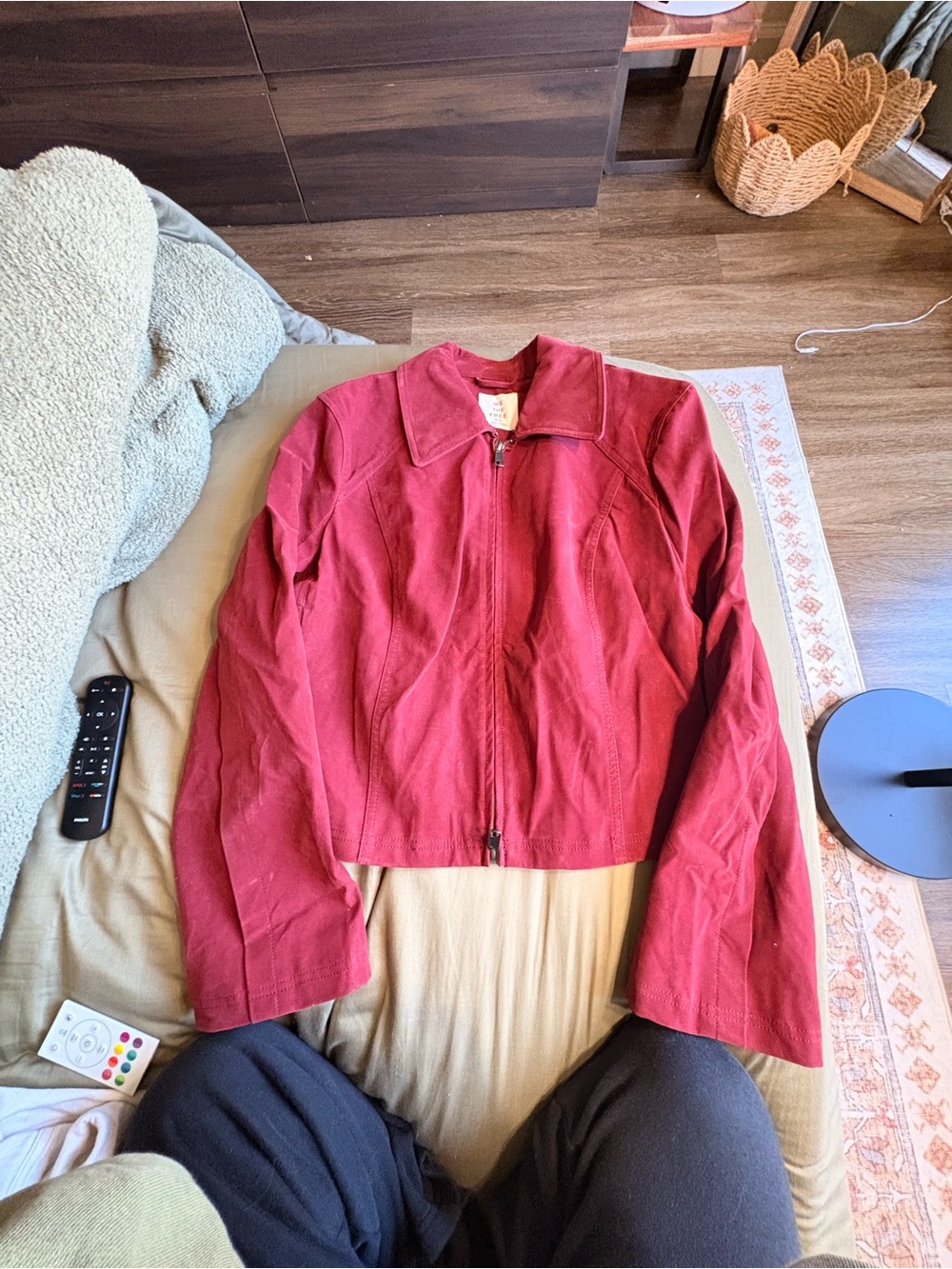 We The Free Womens Wine Red Zip-Front Leather Jacket